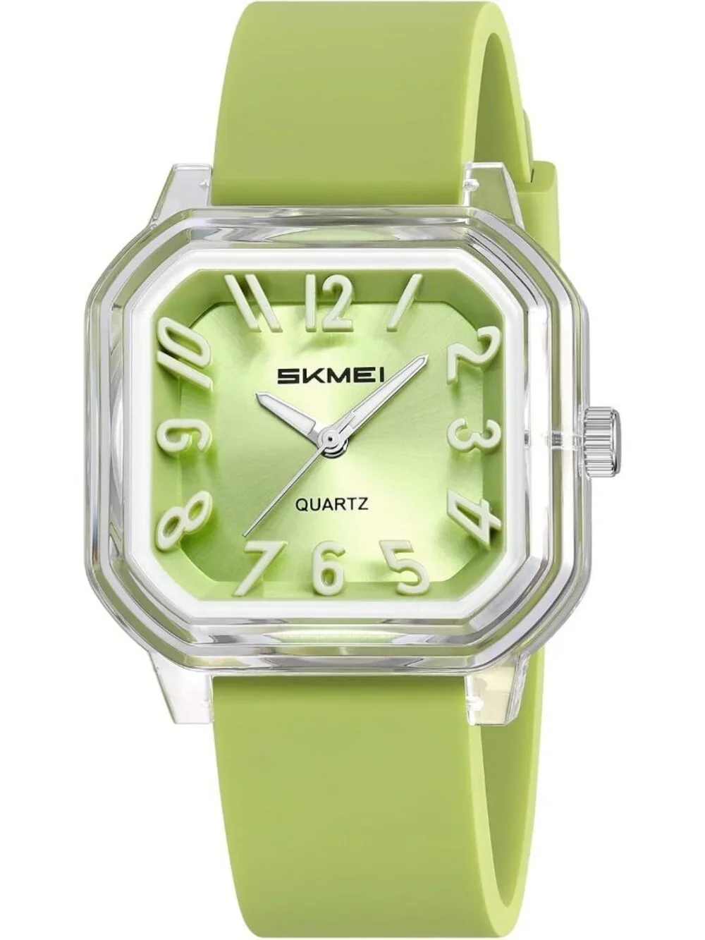 Women’s Green Big Arabic Numbers Silicone Strap Casual Analog Square Wrist Watch